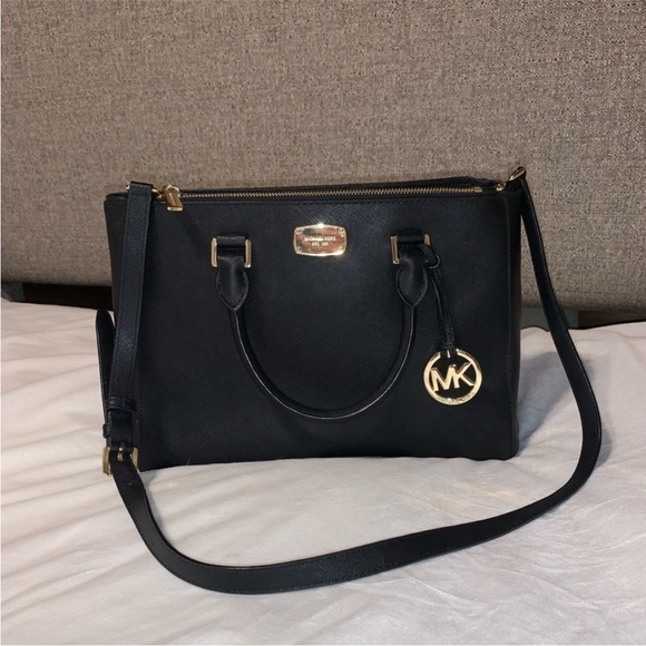 Michael Kors Black Satchel with Gold Accents and Adjustable Strap - Picture 1 of 10